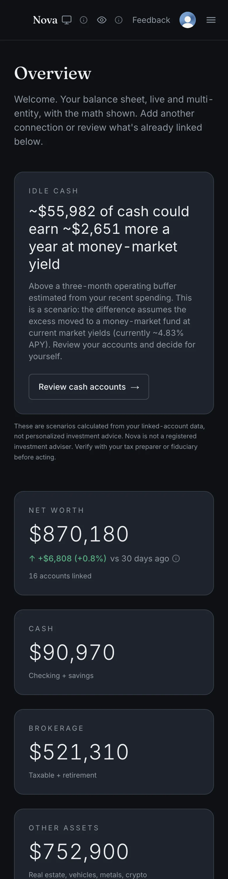 Nova overview page on a phone showing a net worth of $870,180, up $6,808 versus 30 days ago, with cash, brokerage and other assets cards