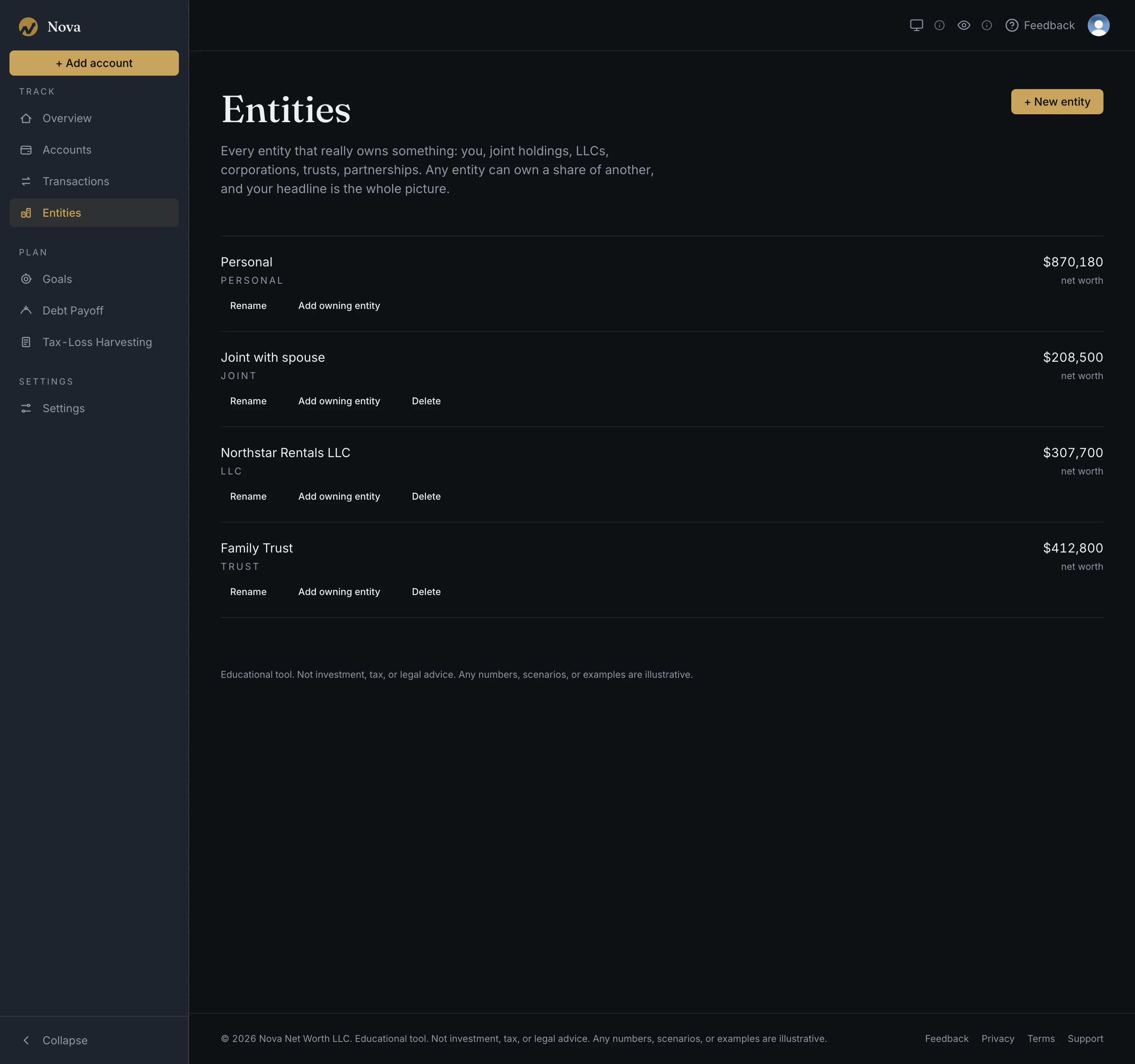 Nova app window with the left sidebar navigation and the entities page listing four sample entities: Personal, Joint with spouse, Northstar Rentals LLC and Family Trust, each with its net worth.